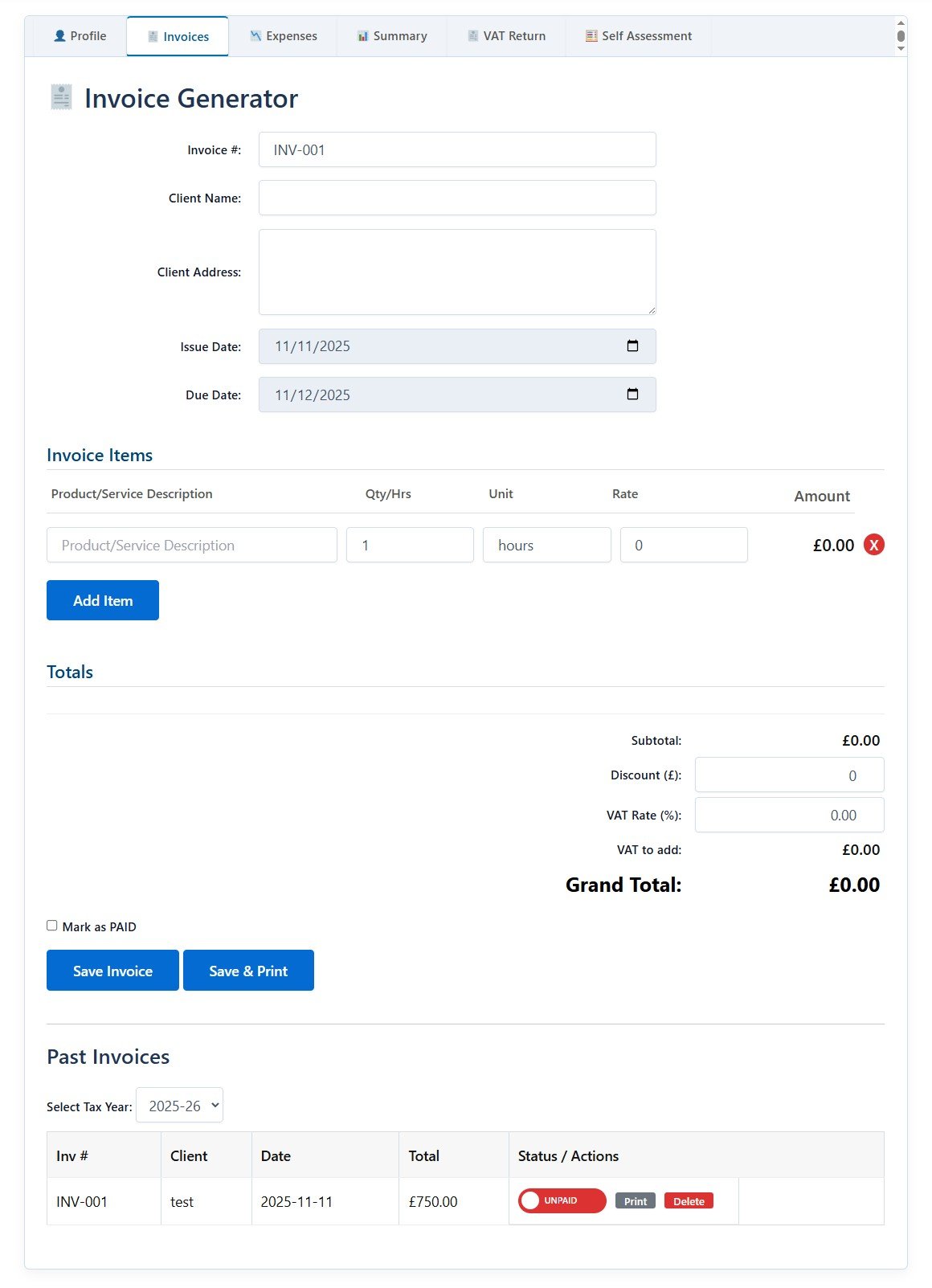 UK freelancer invoice generator